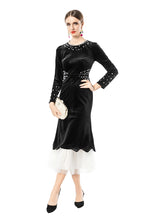 Black Velvet Mermaid Dress with Pearl Embellishments & Tulle Hem SP10114