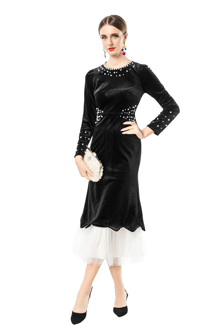 Black Velvet Mermaid Dress with Pearl Embellishments & Tulle Hem SP10114