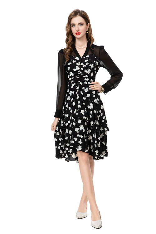 Black Floral Chiffon Sheer Sleeve Midi Dress SP10025