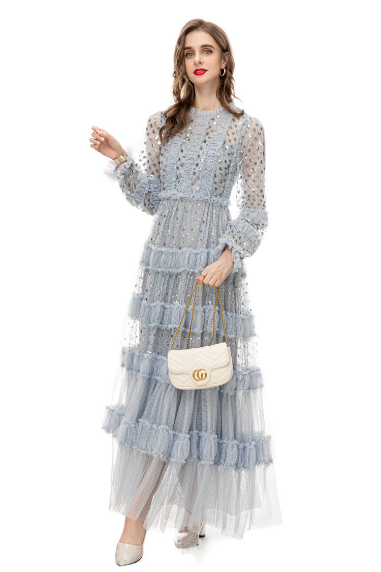 Light Blue Sequin Ruffled Tulle Tiered Maxi Dress – French Luxury Evening Gown SP10010