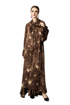 Brown Floral Print Bow Tie Neck Loose Maxi Dress SP10041