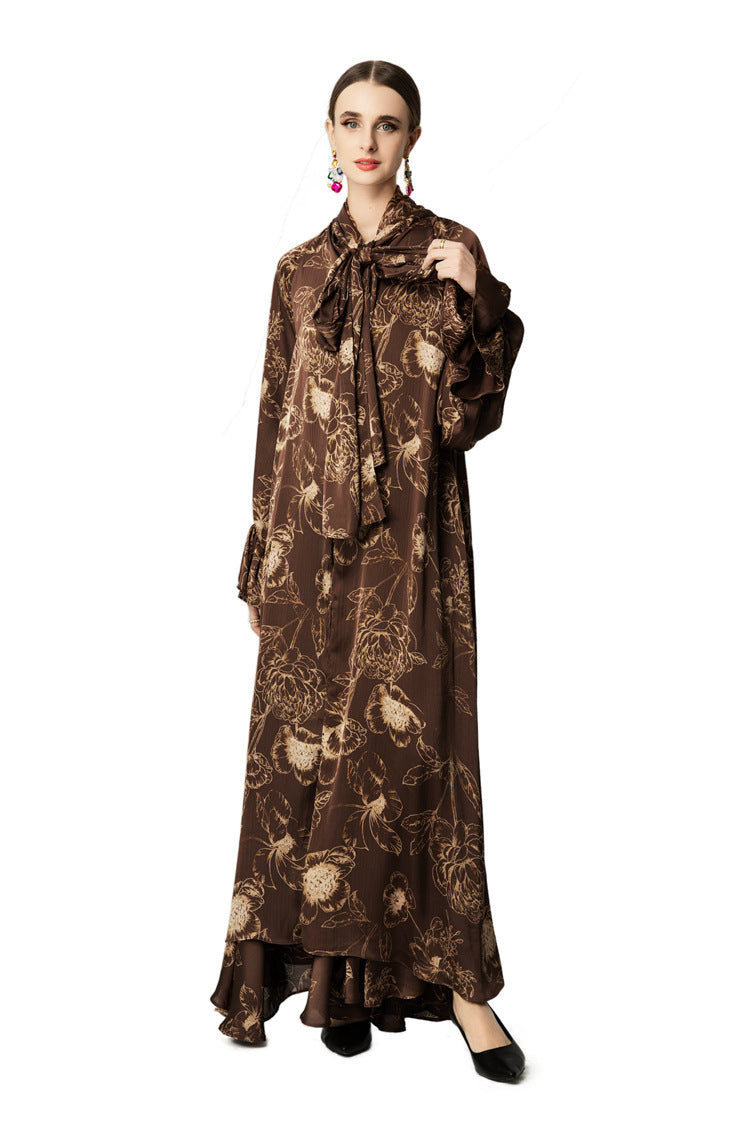 Brown Floral Print Bow Tie Neck Loose Maxi Dress SP10041