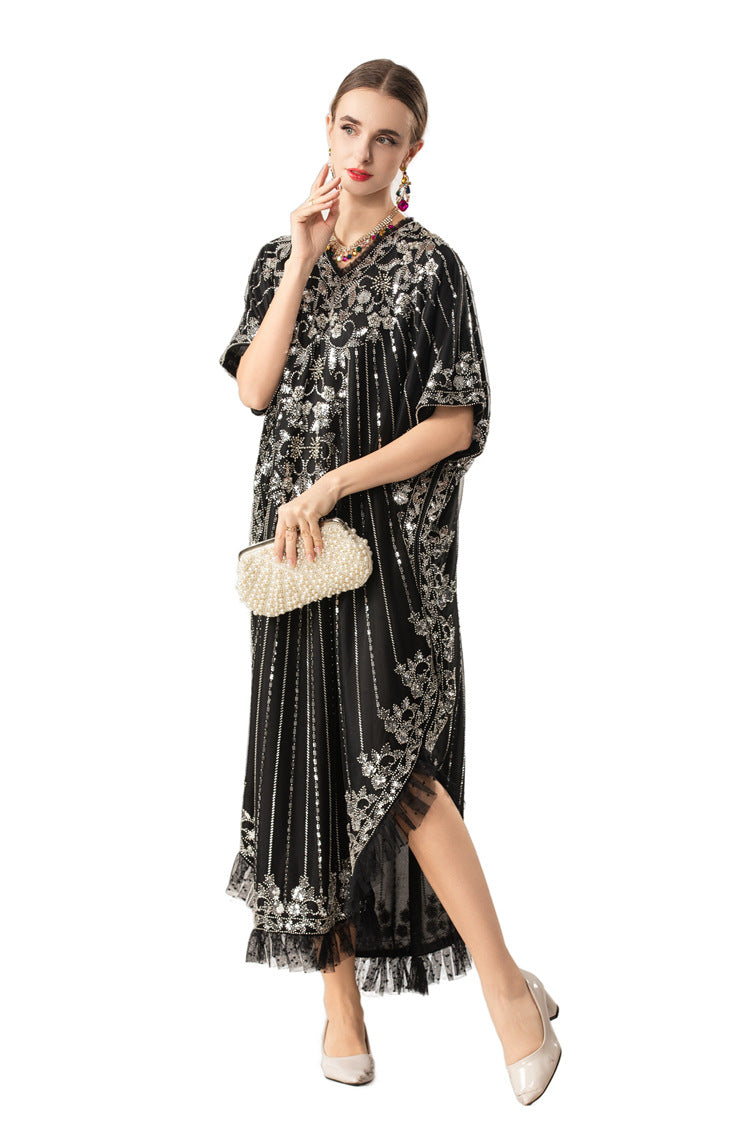 Silver Sequin Embellished Boho Kaftan Maxi Dress SP10068