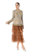 Women's Tweed 2-Piece Set, Gold Fringe Trim Tweed Jacket + Brown Tiered Tulle Maxi Skirt SP10107