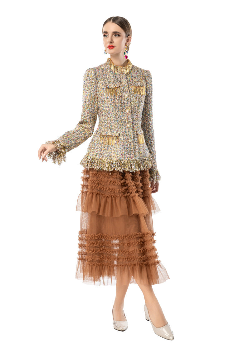 Women's Tweed 2-Piece Set, Gold Fringe Trim Tweed Jacket + Brown Tiered Tulle Maxi Skirt SP10107