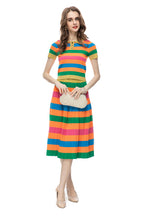 Rainbow Striped Knit Polo Top & Pleated Skirt Set SP10012