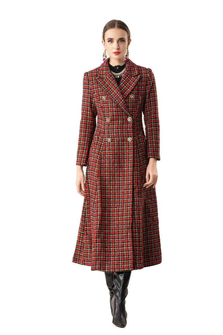 Red Plaid Tweed Double-Breasted Maxi Coat Dress SP10079