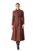 Red Plaid Tweed Double-Breasted Maxi Coat Dress SP10079