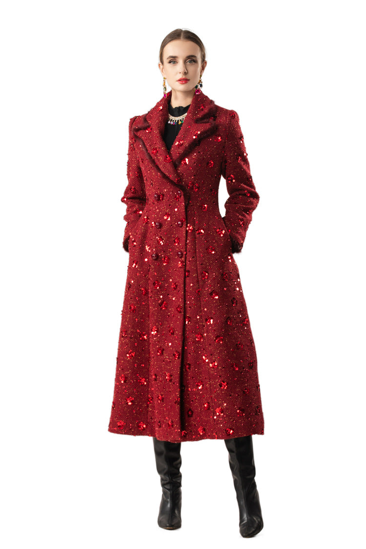Red Sequin Double Breasted Maxi Coat – Luxury Winter Overcoat SP10017