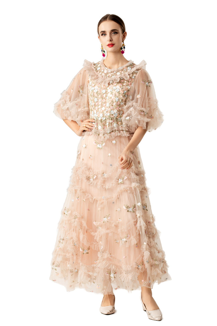 Ruffled Neck 3D Floral Tiered Tulle Maxi Dress SP10077