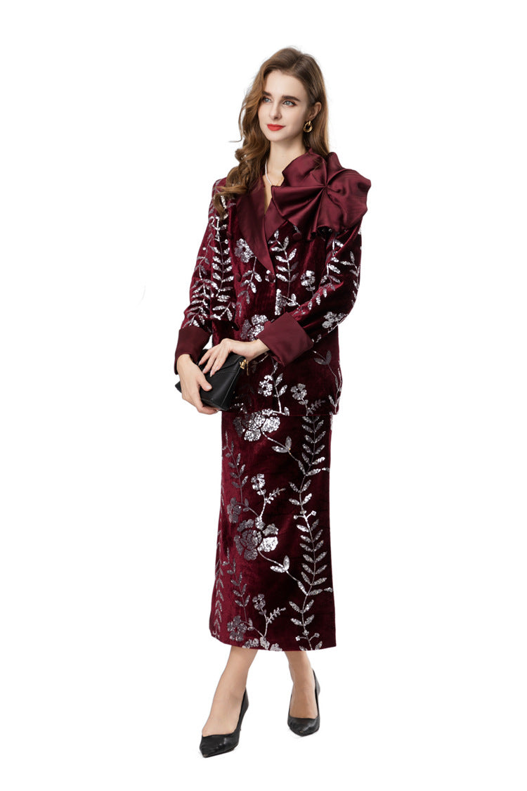 Burgundy Velvet Sequin Floral Blazer & Pencil Skirt Set SP10020