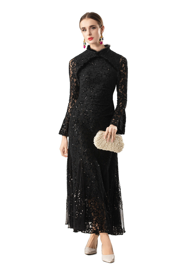 Furry Collar Sequin Lace Mermaid Maxi Dress SP10073