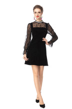 Black Velvet Mini Dress with Rhinestone Collar & Sheer Mesh Polka Dot Sleeves SP10110