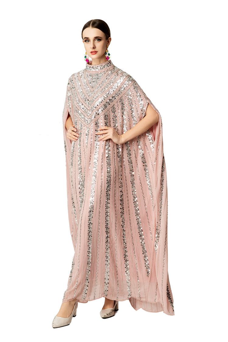 Hand-Beaded Sequin Cape Kaftan Maxi Dress SP10058