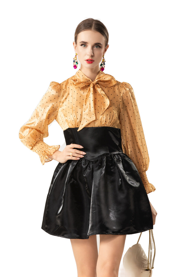 Polka Dot Puff Sleeve Satin Patchwork Mini Dress SP10084