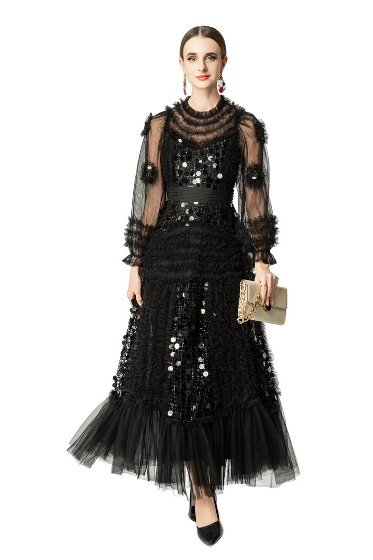 Black Sequin Ruffled Tiered Tulle Maxi Dress SP10062