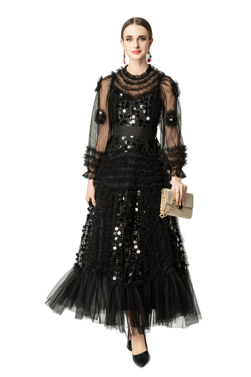 Black Sequin Ruffled Tiered Tulle Maxi Dress SP10062