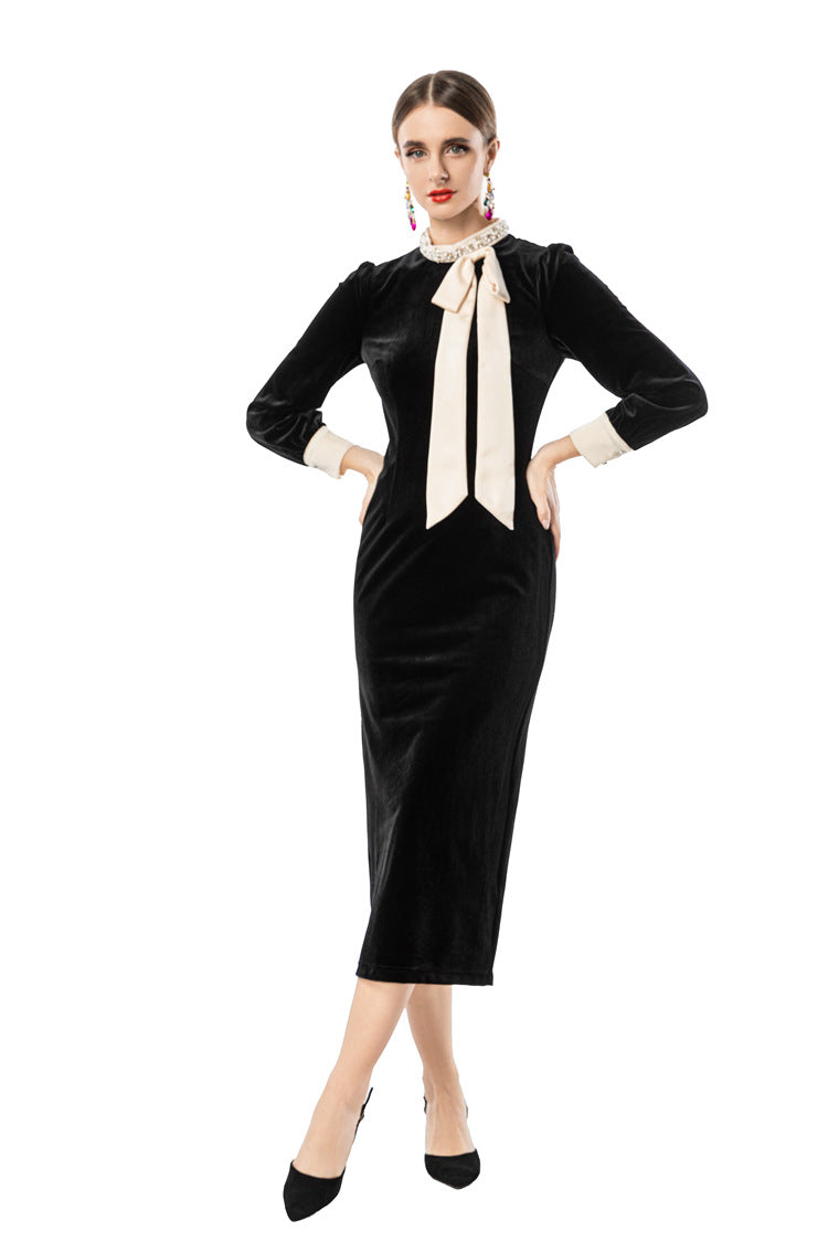Women's Black Velvet Midi Dress with Pearl Collar & Contrast Bow Tie SP10108