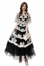 Black & White 3D Floral Embroidered Tiered Tulle Maxi Dress SP10028