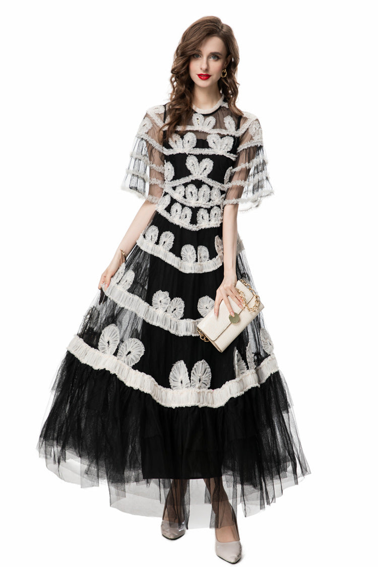 Black & White 3D Floral Embroidered Tiered Tulle Maxi Dress SP10028