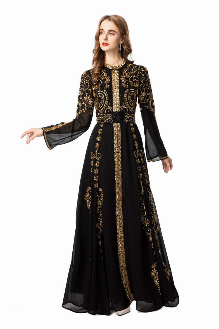 Black & Gold Sequin Embellished Middle Eastern Maxi Dress SP10021