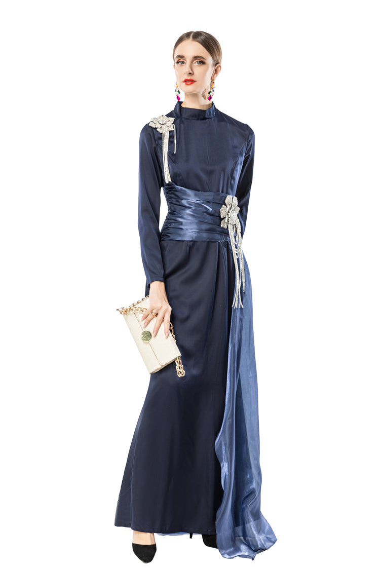 Navy Blue Satin High Neck Evening Gown with Beaded Floral Tassels SP10104