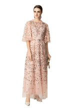 Pink Floral Bird Embroidered Tulle Flutter Sleeve Maxi Dress SP10035