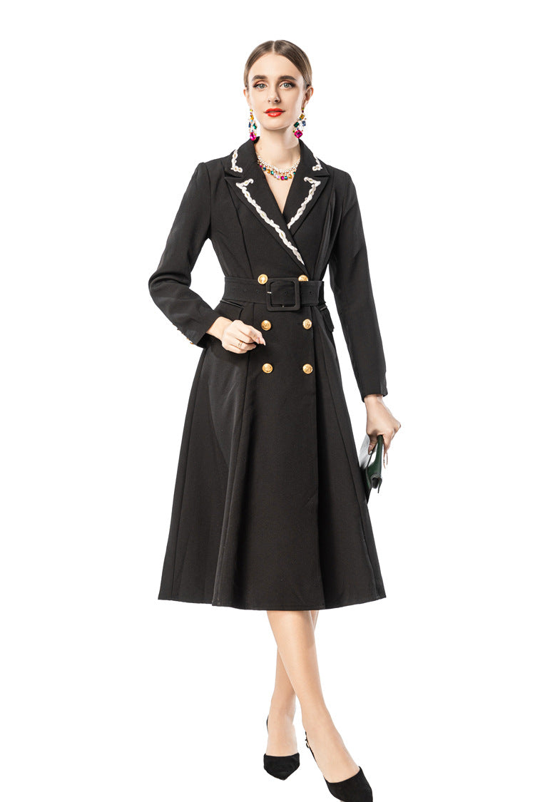 Black Blazer Dress with Braided Trim Lapel & Gold Double Breasted Buttons SP10115