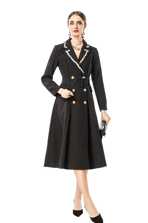 Black Blazer Dress with Braided Trim Lapel & Gold Double Breasted Buttons SP10115