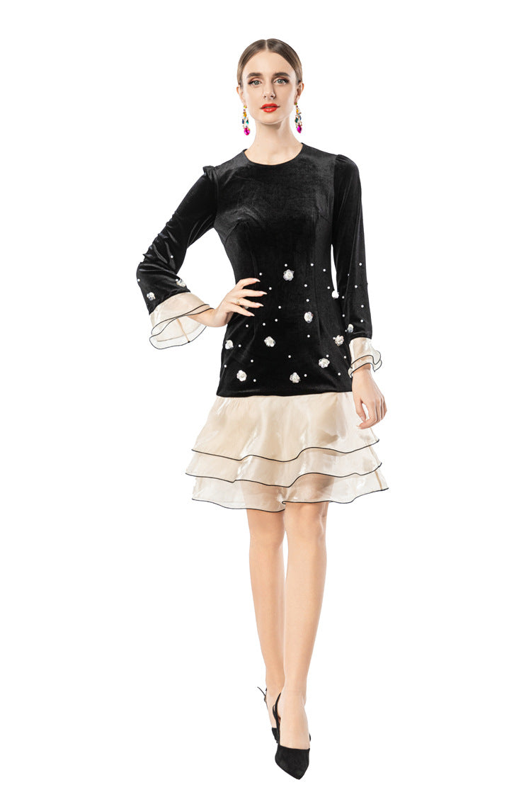 Women's French Style Velvet Dress, Round Neck Pearl & Flower Embellished Top with Satin Layered Ruffle Hem, Long Sleeve Cocktail Party Dress SP10102
