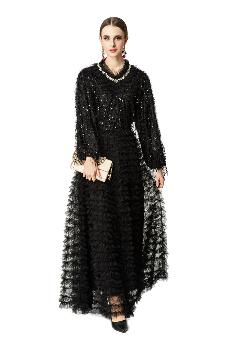 Black Sequin Fringed Tiered Tulle Maxi Dress SP10050
