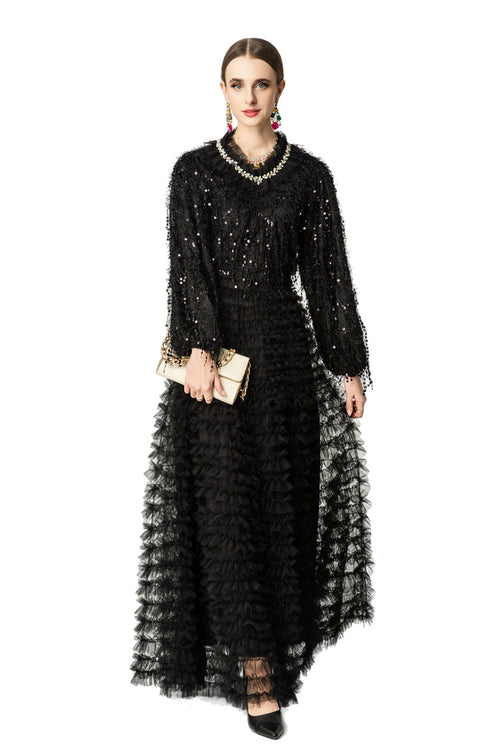 Black Sequin Fringed Tiered Tulle Maxi Dress SP10050
