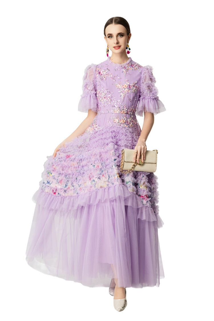 Lavender Floral Embroidery Sequin Tiered Tulle Maxi Dress SP10046