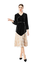 Velvet V-Neck Lace Patchwork Midi Dress SP10090