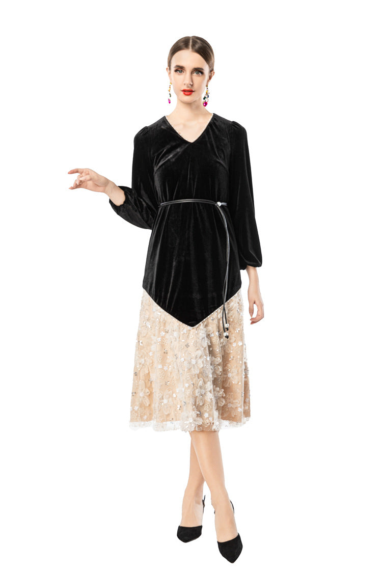 Velvet V-Neck Lace Patchwork Midi Dress SP10090