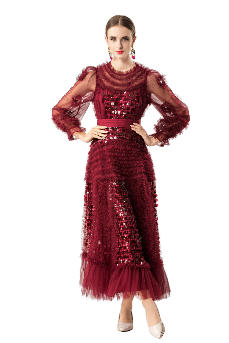 Burgundy Sequin Ruffled Tiered Tulle Midi Dress SP10076