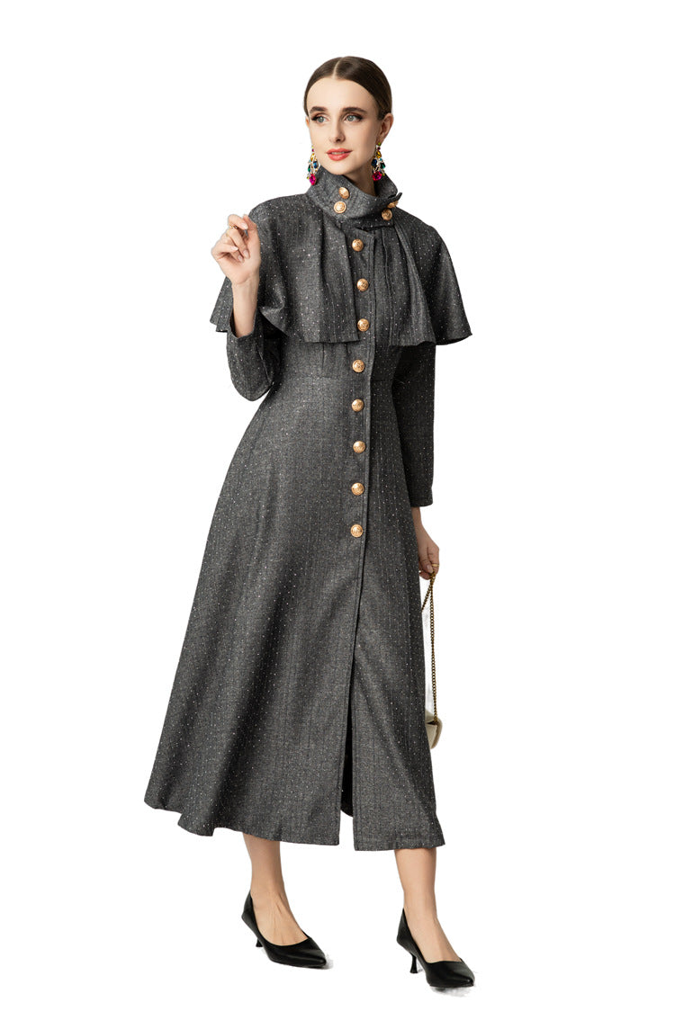 High Collar Cape Overlay Gold Button Front Slit Maxi Dress SP10060