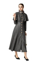 High Collar Cape Overlay Gold Button Front Slit Maxi Dress SP10060