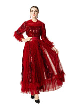 Red Fringe Sequin Tiered Tulle Maxi Dress SP10054