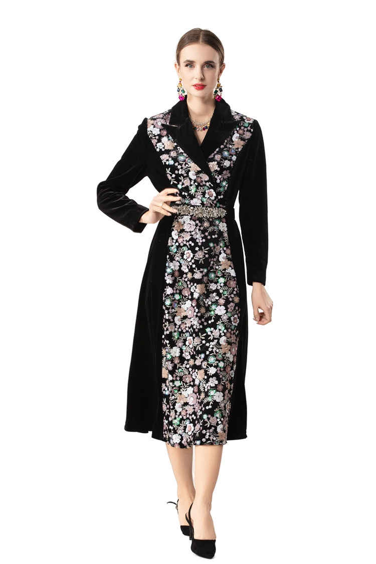 Velvet Floral Embroidered Notched Collar Midi Dress SP10069