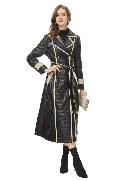 Black Quilted Faux Leather Contrast Trim Maxi Trench Coat SP10030