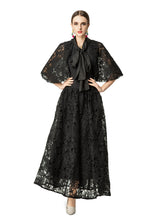 Satin Lace Patchwork Bow Tie Flare Sleeve Maxi Dress SP10057