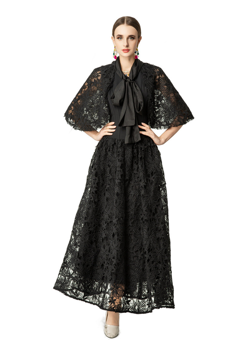Satin Lace Patchwork Bow Tie Flare Sleeve Maxi Dress SP10057