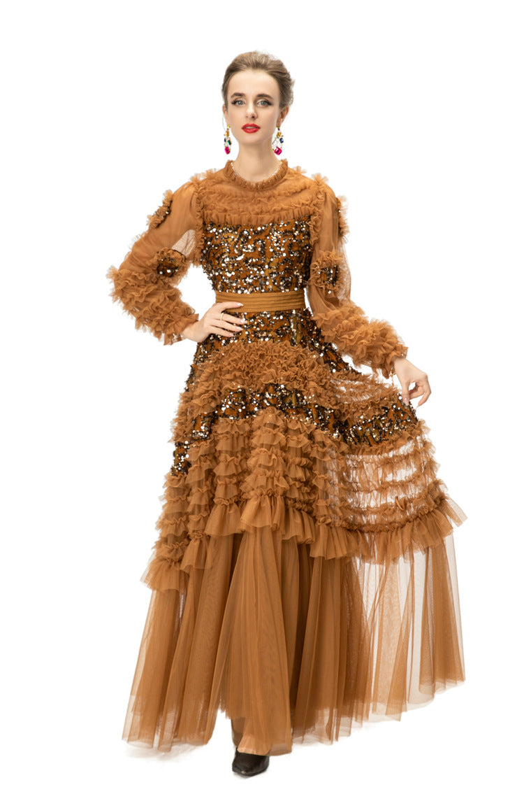 Caramel Sequin Ruffled Tulle Tiered Maxi Gown – Formal Evening Dress SP10005