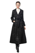 Sequin Embellished Belted Maxi Trench Coat – French Luxury Winter Overcoat SP10027