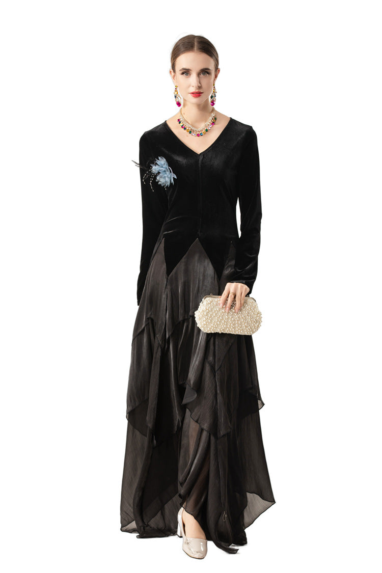 Velvet Satin Asymmetrical Tiered Maxi Dress with Floral Brooch SP10081