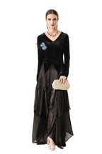 Velvet Satin Asymmetrical Tiered Maxi Dress with Floral Brooch SP10081