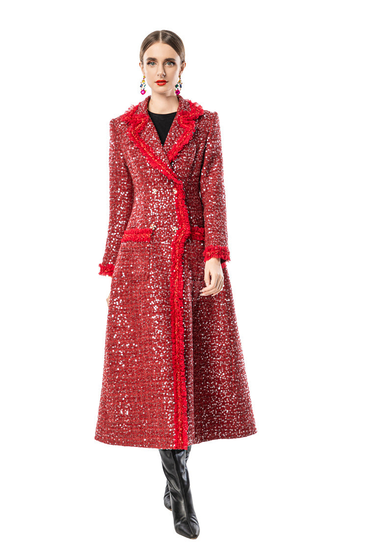 Red Sequin Fringe Trim Double-Breasted Maxi Coat SP10093