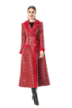 Red Sequin Fringe Trim Double-Breasted Maxi Coat SP10093