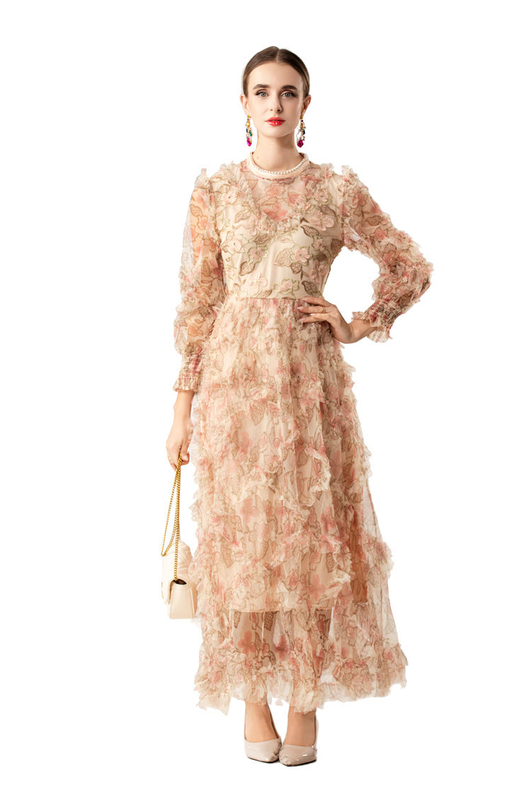 Pearl Trim Floral Embroidered Tiered Tulle Maxi Dress SP10085